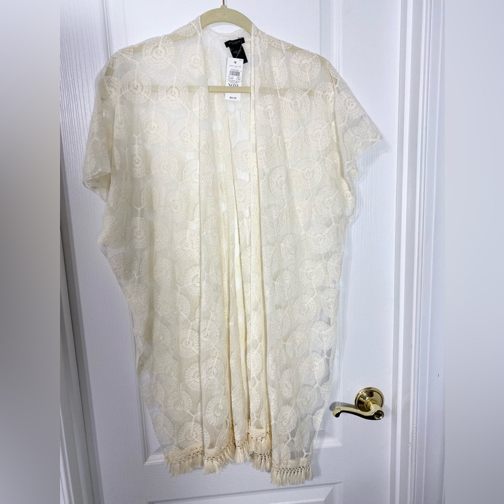 NWT Ann Taylor Embroidered Lace Fringe Kimono Cardigan Cream One Size